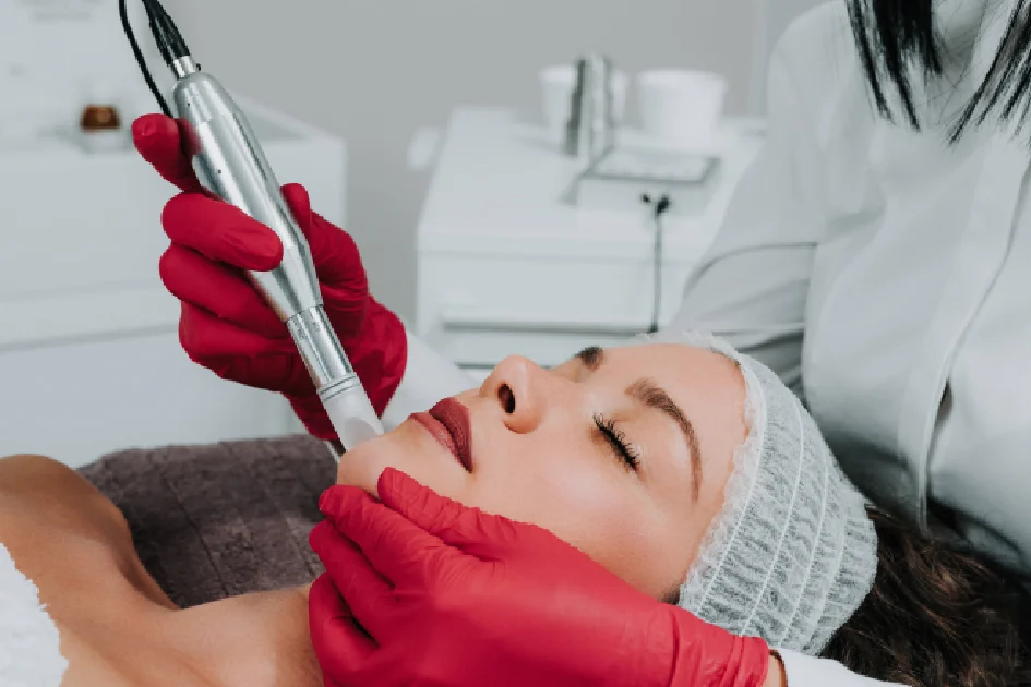 Woman receiving facial microneedling from a clinician in red gloves in Greenville, SC
