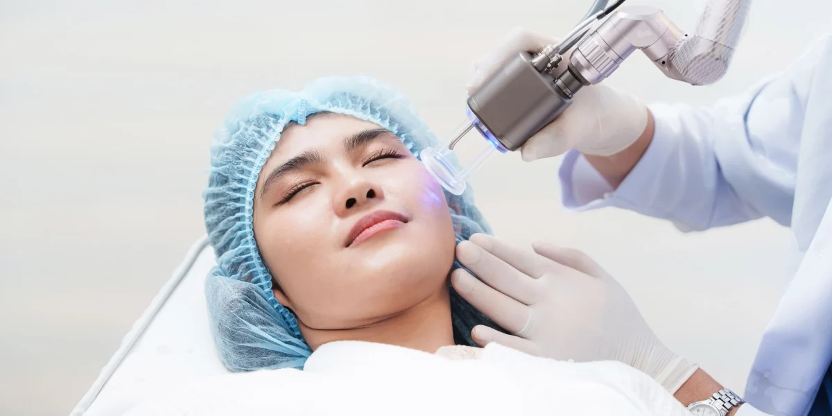 Laser skin resurfacing treatment on a woman’s face at a clinic in Greenville, SC