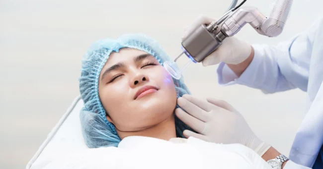 Laser skin resurfacing treatment on a woman’s face at a clinic in Greenville, SC