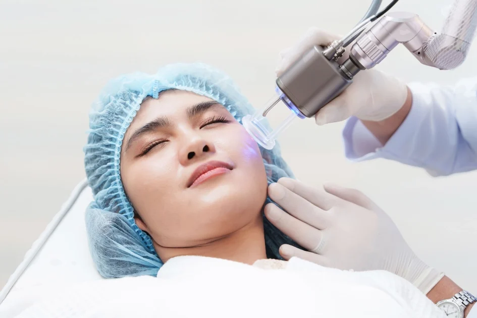 Laser skin resurfacing treatment on a woman’s face at a clinic in Greenville, SC
