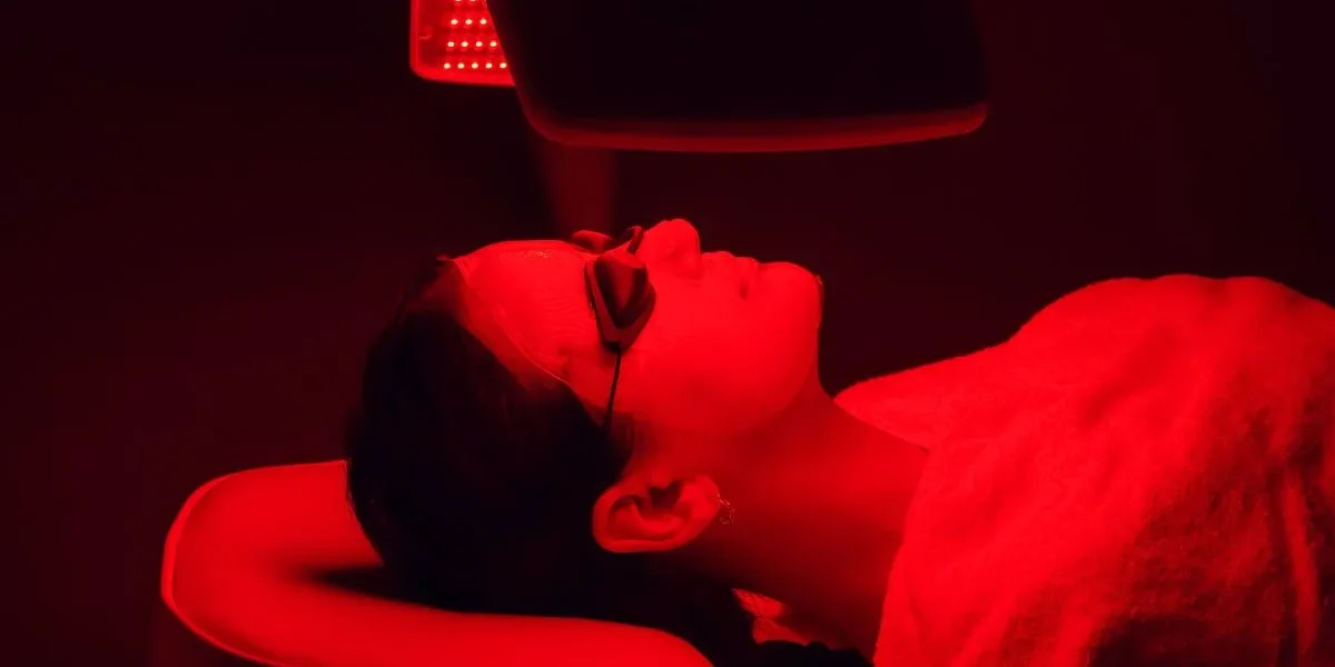LED facial session using red light for collagen stimulation