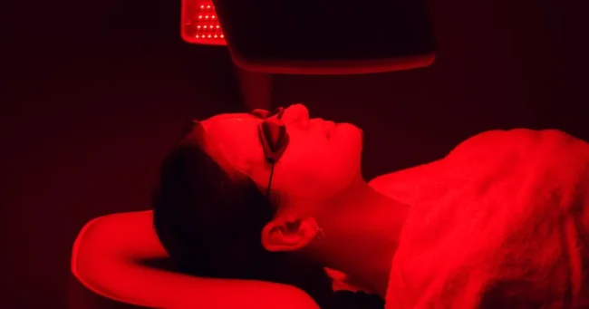 LED facial session using red light for collagen stimulation