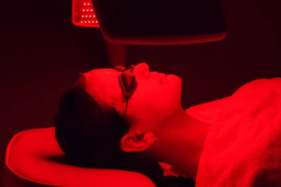 LED facial session using red light for collagen stimulation