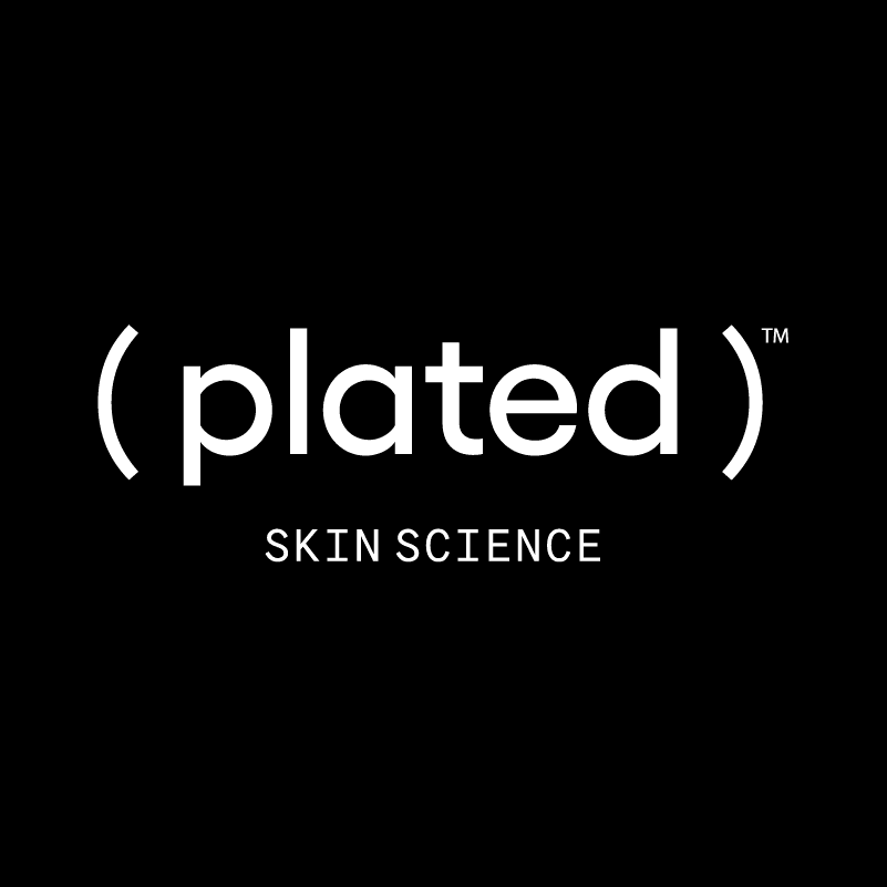 Plated Skin Science logo on black background.